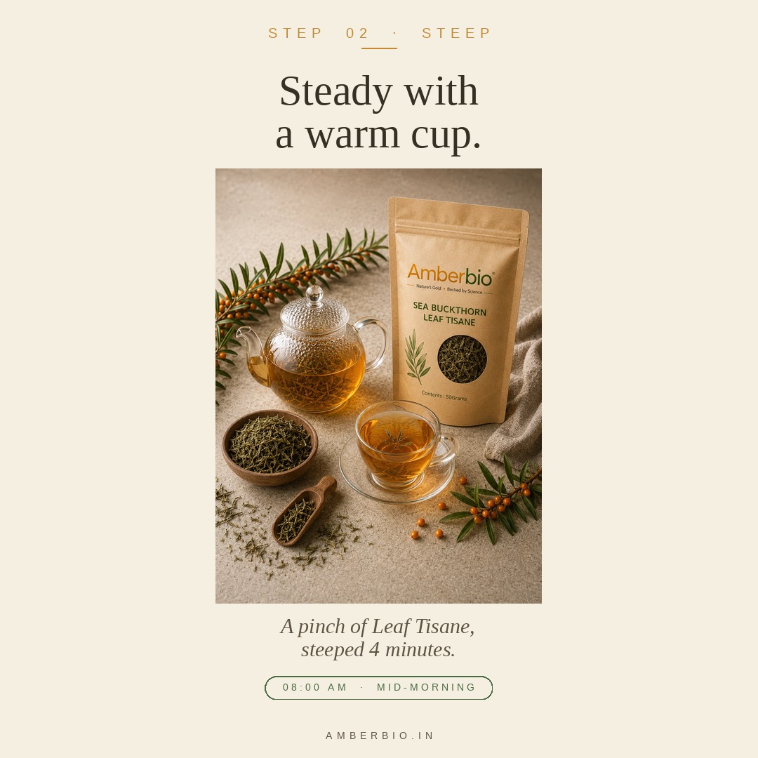 Step 02 · Steep — a warm cup of Amberbio Leaf Tisane