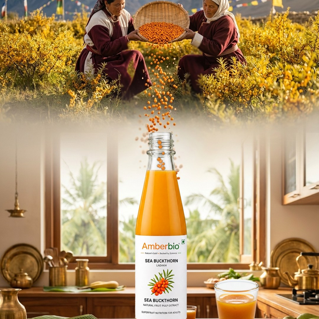 Ladakh in a Bottle · The Pour — sea buckthorn berries pour from a Ladakhi harvest basket into an Amberbio bottle