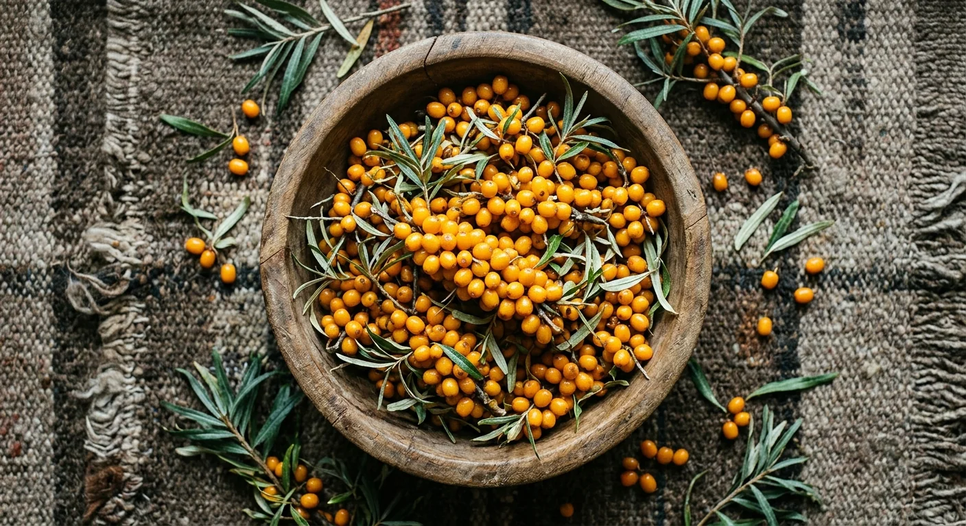 Freshly harvested sea buckthorn berries in a wooden bowl