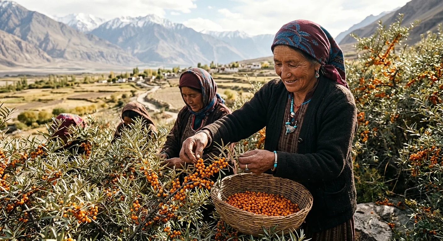 Ladakhi women harvesting sea buckthorn berries in a mountain valley