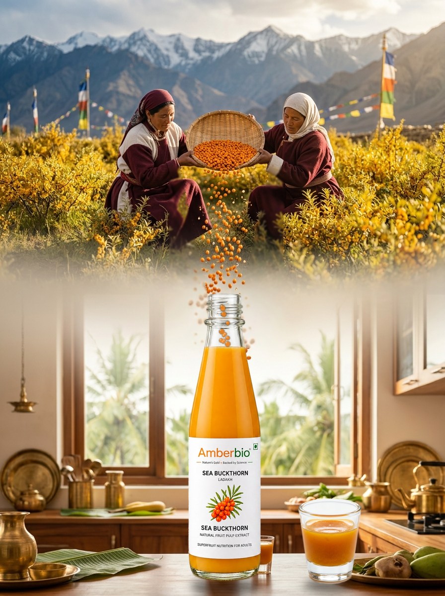 Ladakh in a Bottle — sea buckthorn berries pour from a Ladakhi harvest basket into an Amberbio bottle in a South Indian kitchen