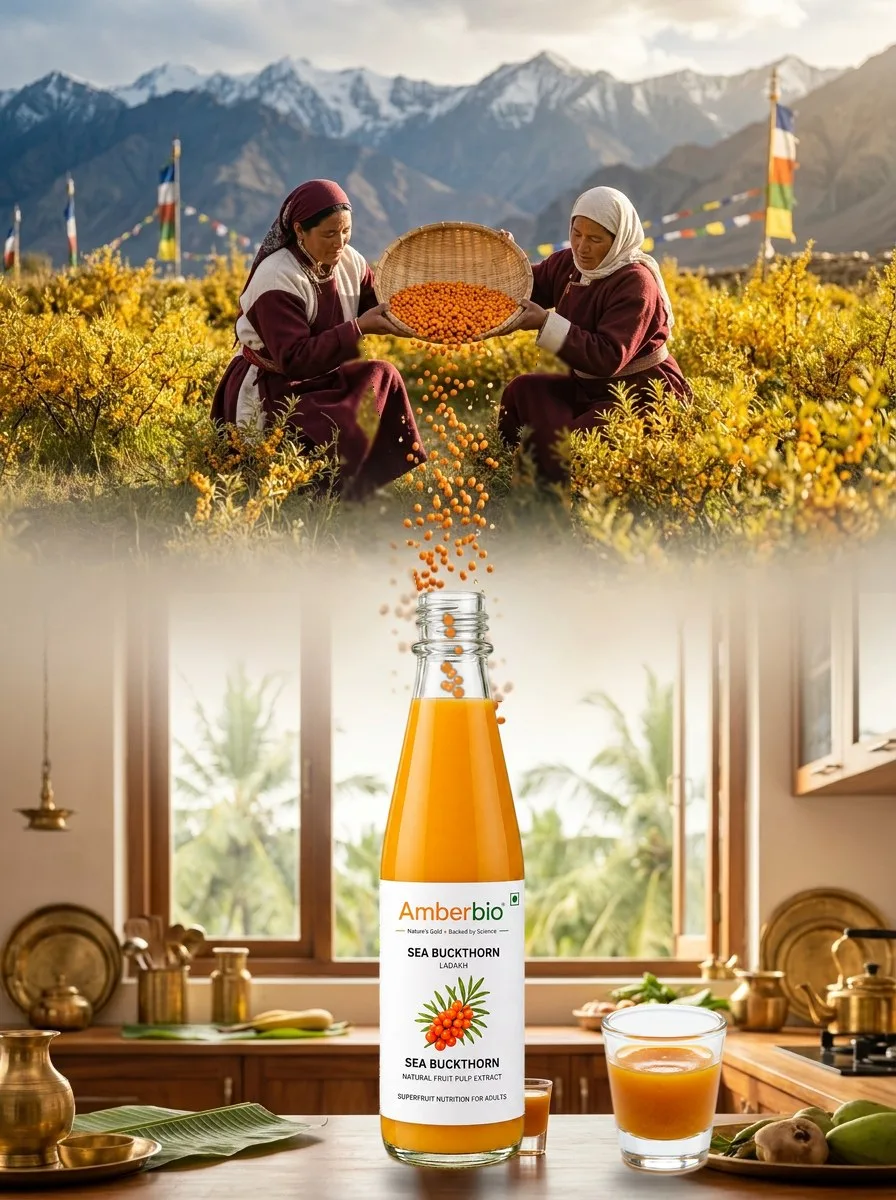 Ladakh in a Bottle — sea buckthorn berries pour from a Ladakhi harvest basket into an Amberbio bottle in a South Indian kitchen