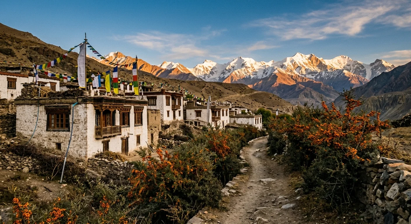 A Ladakh village at golden hour with prayer flags and Himalayan peaks